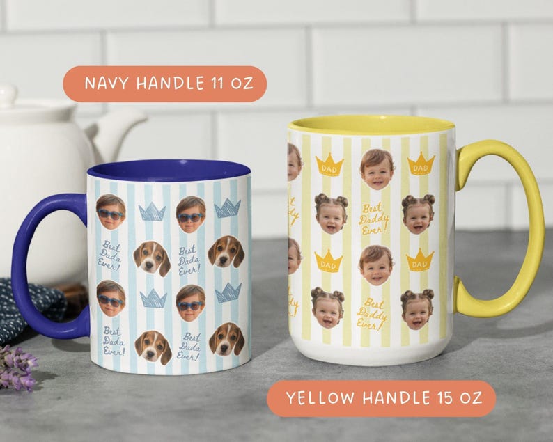 Personalized Father’s Day photo mugs with kids faces, cute dog and crown icons, custom Best Daddy Ever design, blue and yellow handle coffee cups for Dad or Grandpa gift