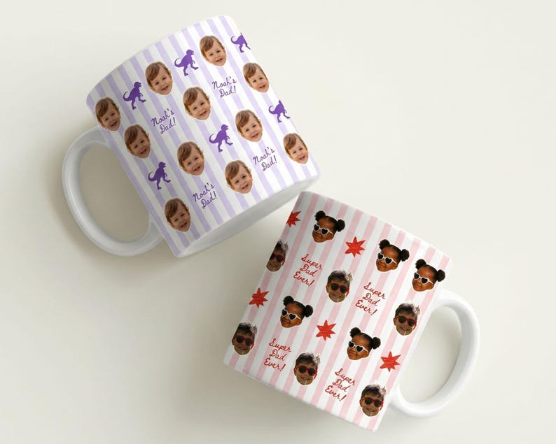 Personalized ceramic mugs with repeating baby face photos with purple and red striped dinosaurs and starts pattern, custom baby picture coffee cup designed as a keepsake gift for parents or grandparents.