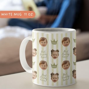 Personalized ceramic mug with repeating baby face photos and light Olive striped crown pattern, custom baby picture coffee cup designed as a keepsake gift for parents or grandparents.