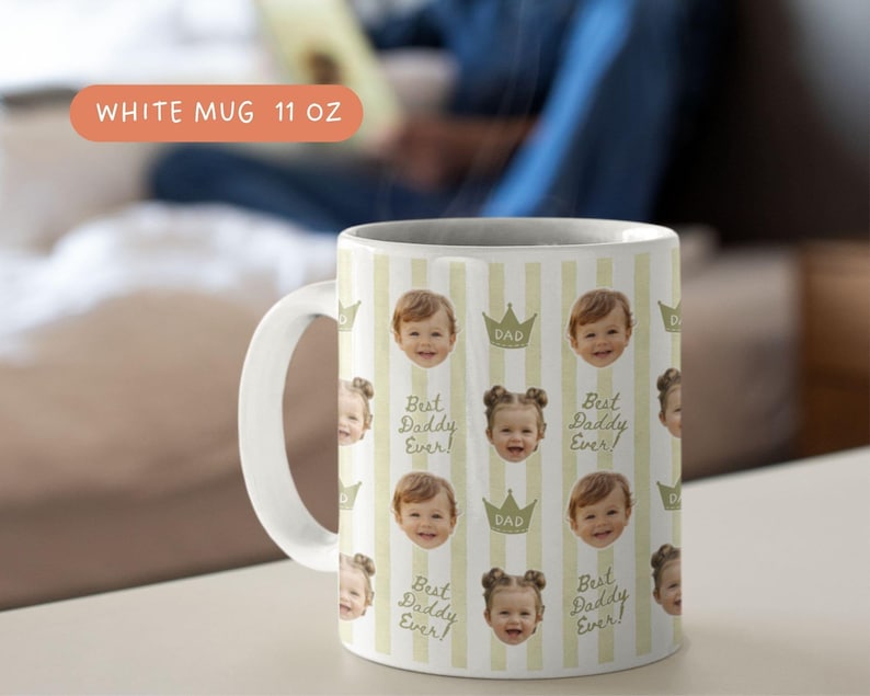 Personalized ceramic mug with repeating baby face photos and light Olive striped crown pattern, custom baby picture coffee cup designed as a keepsake gift for parents or grandparents.
