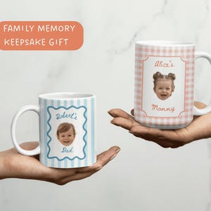 Personalized family photo mugs with light blue and blush pink striped designs, featuring baby portrait photos, custom coffee cup keepsake gift for parents and grandparents