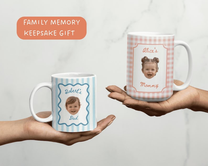 Personalized family photo mugs with light blue and blush pink striped designs, featuring baby portrait photos, custom coffee cup keepsake gift for parents and grandparents