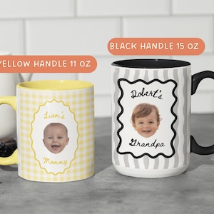 Personalized mugs with yellow gingham and black neutral designs, featuring baby portrait photos, custom coffee mug gifts for Grandma, Grandpa and parents