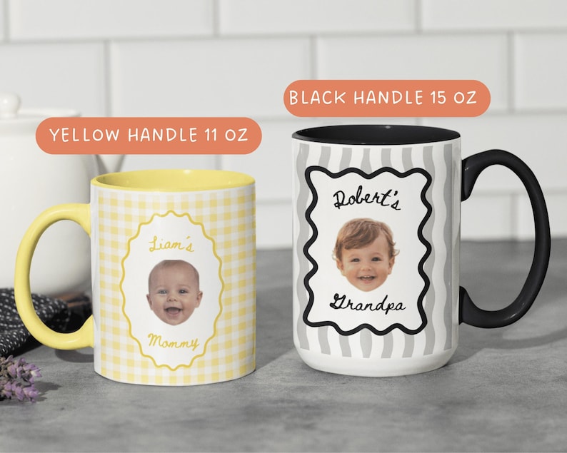 Personalized mugs with yellow gingham and black neutral designs, featuring baby portrait photos, custom coffee mug gifts for Grandma, Grandpa and parents