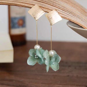 Türkisblaue Hortensien-Ohrringe, Statement-Schmuck mit echten Blumen, handgefertigtes Blumengeschenk zum Geburtstag oder Gedenken für sie, Geschenk für Lehrerinnen, Bräute oder Brautjungfern