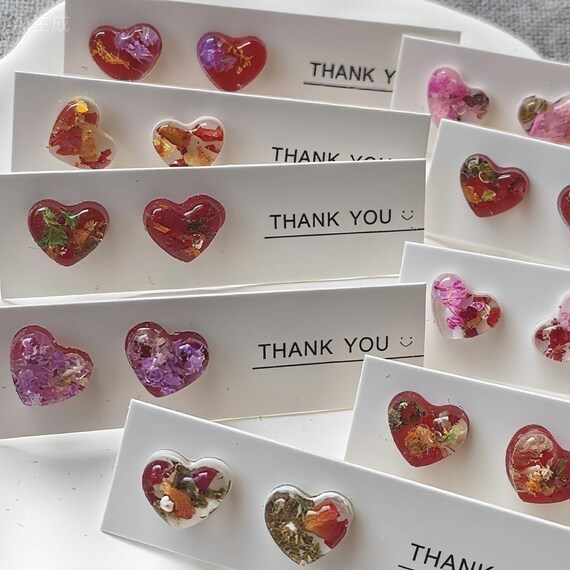 Handmade Heart Resin Earrings: With Pressed Dried Flowers, S925 Sterling Silver Studs