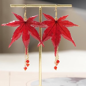 Real Red Maple Leaf Earrings: Handmade Pressed Leaf Earrings, Resin Leaves Earrings, Dried Leaf Earrings, Birth Mother's Day Gifts For Her