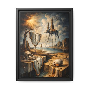 May include: A framed canvas print of a surrealist landscape. The artwork features melting clocks, elephant-like creatures with buildings on their backs, and a cracked egg. The color palette includes blues, browns, and yellows, with a bright sun in the background.