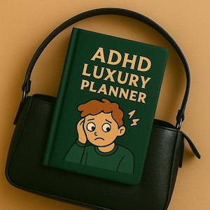 Könnte beinhalten: Ein dunkelgrüner ADHD-Luxusplaner mit einer Cartoon-Illustration einer Person mit besorgtem Gesichtsausdruck. Der Planer liegt auf einer schwarzen Handtasche vor einem beigefarbenen Hintergrund. Der Text auf dem Planer ist fett und ohne Serifen.