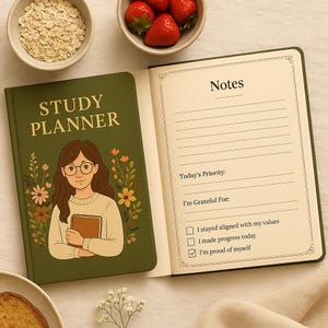 Peut inclure: Un agenda d'étude vert avec l'inscription "STUDY PLANNER" en lettres dorées. La couverture présente une illustration d'une personne avec des lunettes tenant un livre, entourée de fleurs. Les pages ouvertes contiennent des notes et des invites.