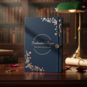 Peut inclure: Un journal bleu marine avec des motifs floraux dorés et le texte "Enchanted Pages". Le journal a un fermoir doré et est posé sur un bureau en bois. Le texte "Write Your Own Fairytale" est en dessous.