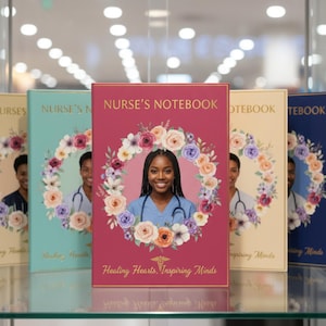 May include: Several notebooks with the title "NURSE'S NOTEBOOK" in gold. Each notebook displays a nurse's portrait encircled by a floral wreath. The phrase "Healing Hearts, Inspiring Minds" is printed below the image.