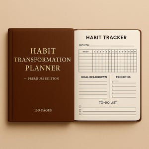 Peut inclure: Un planificateur de transformation des habitudes marron, ouvert pour montrer un suivi des habitudes et une liste de tâches. La couverture affiche le texte "HABIT TRANSFORMATION PLANNER" et "PREMIUM EDITION" en lettres dorées. Le planificateur contient 150 pages.