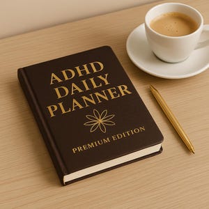 Peut inclure: Un agenda quotidien ADHD à couverture rigide marron avec des lettres dorées et un motif floral. Un stylo doré et une tasse de café sur une soucoupe sont à côté de l'agenda sur une surface en bois. L'agenda est intitulé "Premium Edition".