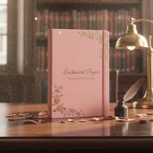Peut inclure: Un journal rose avec des motifs floraux dorés et le texte "Enchanted Pages Write Your Own Fairytale". Une plume et un encrier sont posés sur un bureau en bois. Une clé vintage et des pétales parsèment la scène.