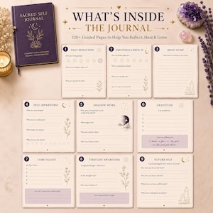 Peut inclure: Un journal violet foncé intitulé Sacred Self Journal avec des accents dorés, présenté avec neuf cartes couleur crème contenant des guides numérotés de un à neuf, incluant Daily Reflection, Emotional Check-in et Brain Dump.
