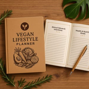 May include: A vegan lifestyle planner with a brown cover and the words "Vegan Lifestyle Planner" printed on the front. The cover features illustrations of vegetables. The planner is open to show lined pages and a pen.