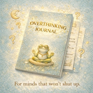 Peut inclure: Un journal bleu clair intitulé "Overthinking Journal" avec une grenouille de dessin animé méditant sur la couverture. Le journal a des lettres dorées et un motif de lune et d'étoiles dorées. Le texte "For minds that won't shut up" est en bas.