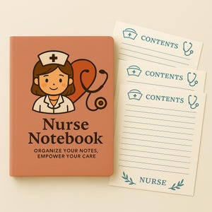 Peut inclure: Un cahier d'infirmière de couleur corail avec une illustration de dessin animé d'infirmière et un design de stéthoscope. Le cahier comprend des pages de contenu lignées avec une icône de chapeau d'infirmière et le mot "CONTENTS". Le texte du cahier se lit "ORGANIZE YOUR NOTES, EMPOWER YOUR CARE".