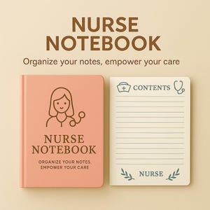 May include: A peach-colored Nurse Notebook with the words "NURSE NOTEBOOK" and "Organize your notes, empower your care" printed on the cover. The notebook has a line drawing of a nurse with a stethoscope. A second notebook page is visible with the word "CONTENTS" and the word "NURSE".