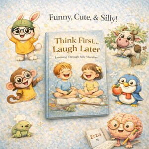 Peut inclure: Image d'un livre pour enfants intitulé "Think First... Laugh Later", avec des illustrations de personnages de dessins animés. La couverture montre deux enfants souriants. Autour du livre, on trouve un lapin, un singe, une vache, un pingouin, une grenouille et un cerveau avec des lunettes.
