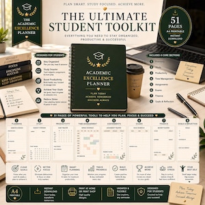 May include: A dark green spiral-bound Academic Excellence Planner with gold text and a graduation cap icon. The planner features 51 pages including sections for planning, study, productivity, time management, assignments, exams, finance, and goals.
