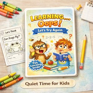 Peut inclure: Un livre d'apprentissage pour enfants coloré intitulé "Learning Oops! Let's Try Again" avec des illustrations d'un singe et d'un garçon. L'image comprend des crayons, un crayon et un bloc-notes. Le texte "Quiet Time for Kids" est également visible.