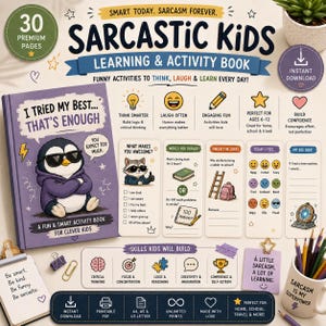 Pode incluir: Um livro de aprendizagem e atividades Sarcastic Kids com uma capa roxa apresentando um pinguim de óculos escuros. O título do livro é I Tried My Best... That's Enough. A imagem inclui páginas de atividades, ícones de habilidades e um copo com lápis.