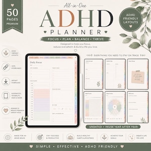 May include: A digital ADHD planner displayed on a tablet screen, featuring 50 pages with daily focus, vision, habit, and mood tracking layouts. The interface includes hyperlinked tabs, pastel color accents, and botanical illustrations throughout the design.
