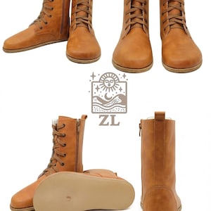 May include: Tan-colored lace-up boots with side zippers. The boots have a flat sole and a rounded toe. The image shows multiple views of the boots, including side, front, and bottom perspectives. The boots are displayed on a white background.