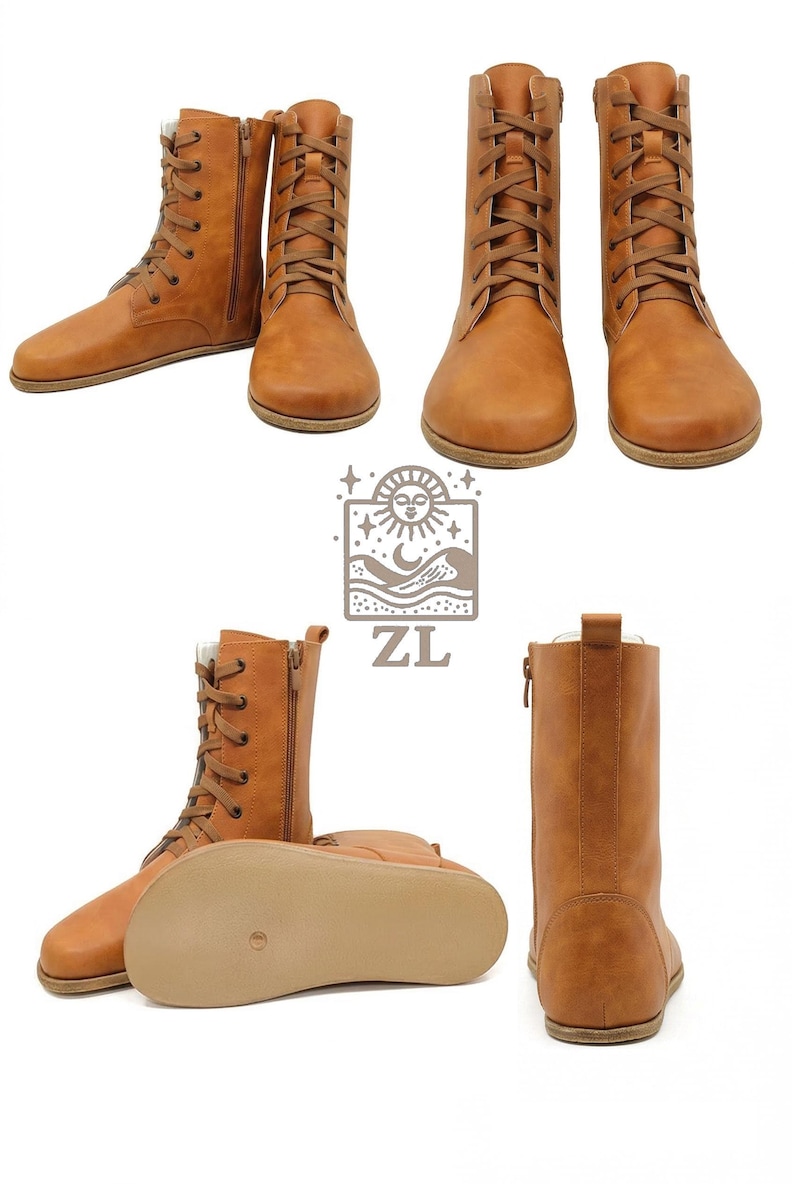 May include: Tan-colored lace-up boots with side zippers. The boots have a flat sole and a rounded toe. The image shows multiple views of the boots, including side, front, and bottom perspectives. The boots are displayed on a white background.