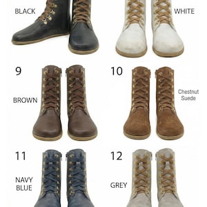 May include: A selection of women's lace-up boots in various colors. The boots are shown in black, white, brown, chestnut suede, navy blue, and grey. Each pair has a side zipper and brown laces. The boots are displayed on a white background.