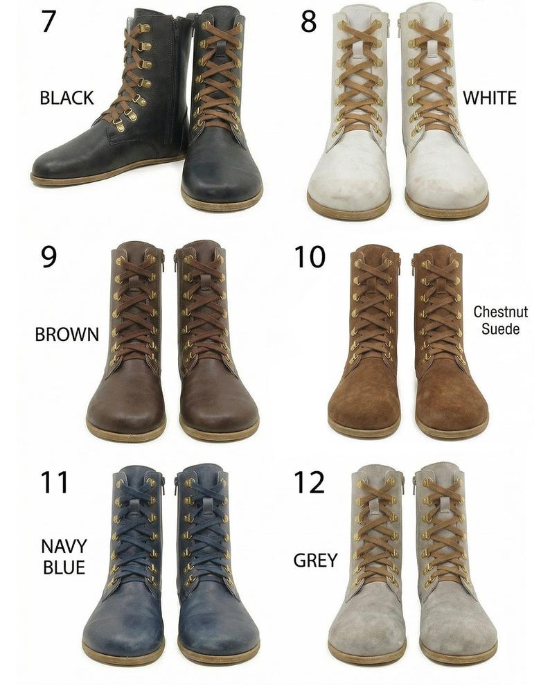 May include: A selection of women's lace-up boots in various colors. The boots are shown in black, white, brown, chestnut suede, navy blue, and grey. Each pair has a side zipper and brown laces. The boots are displayed on a white background.