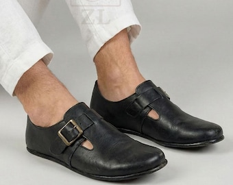 Men Black organic leather shoes Earthing Grounding Barefoot Shoes