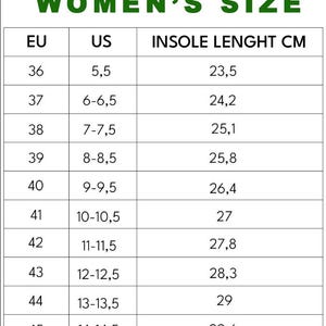 May include: A white chart with the text "WOMEN'S SIZE" in green at the top. The chart lists EU, US, and insole length in centimeters, with sizes ranging from EU 36 (US 5.5, 23.5 cm) to EU 45 (US 14-14.5, 29.6 cm).