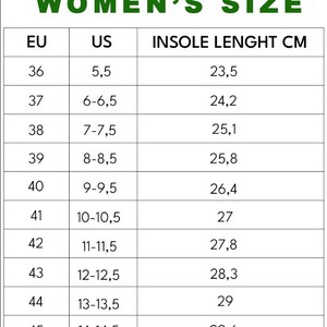 May include: A white chart with the text "WOMEN'S SIZE" in green at the top. The chart lists EU, US, and insole length in centimeters. Sizes range from EU 36 (US 5.5, 23.5 cm) to EU 45 (US 14-14.5, 29.6 cm).