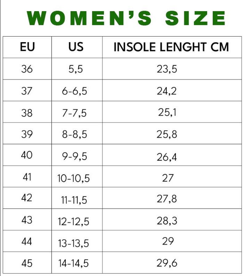 May include: A white chart with the text "WOMEN'S SIZE" in green at the top. The chart lists EU, US, and insole length in centimeters. Sizes range from EU 36 (US 5.5, 23.5 cm) to EU 45 (US 14-14.5, 29.6 cm).
