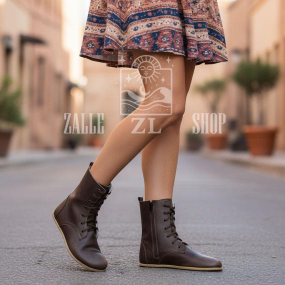 Women Barefoot Organic Leather Long Boots Brown Handmade