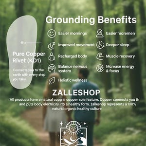 May include: Image promoting grounding benefits with text: Easier mornings, improved movement, deeper sleep, recharged body, muscle recovery, balance nervous system, increase energy & focus. Includes a logo for Zalleshop.
