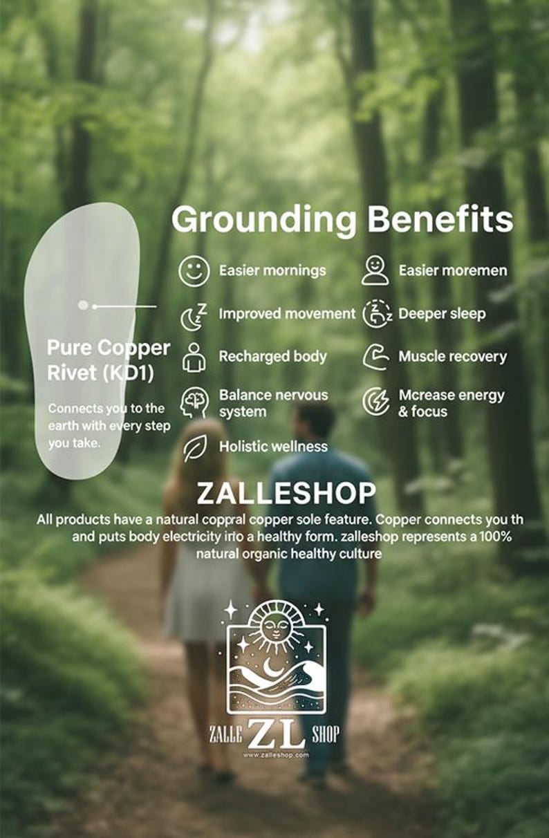 May include: Image promoting grounding benefits with text: Easier mornings, improved movement, deeper sleep, recharged body, muscle recovery, balance nervous system, increase energy & focus. Includes a logo for Zalleshop.