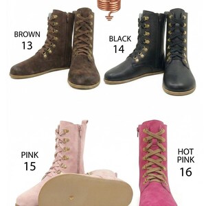 May include: Barefoot boots in brown, black, pink, and hot pink. The boots have laces, metal eyelets, and zippers. The image includes the text "Earthing Grounding Barefoot" and numbers 13, 14, 15, and 16.