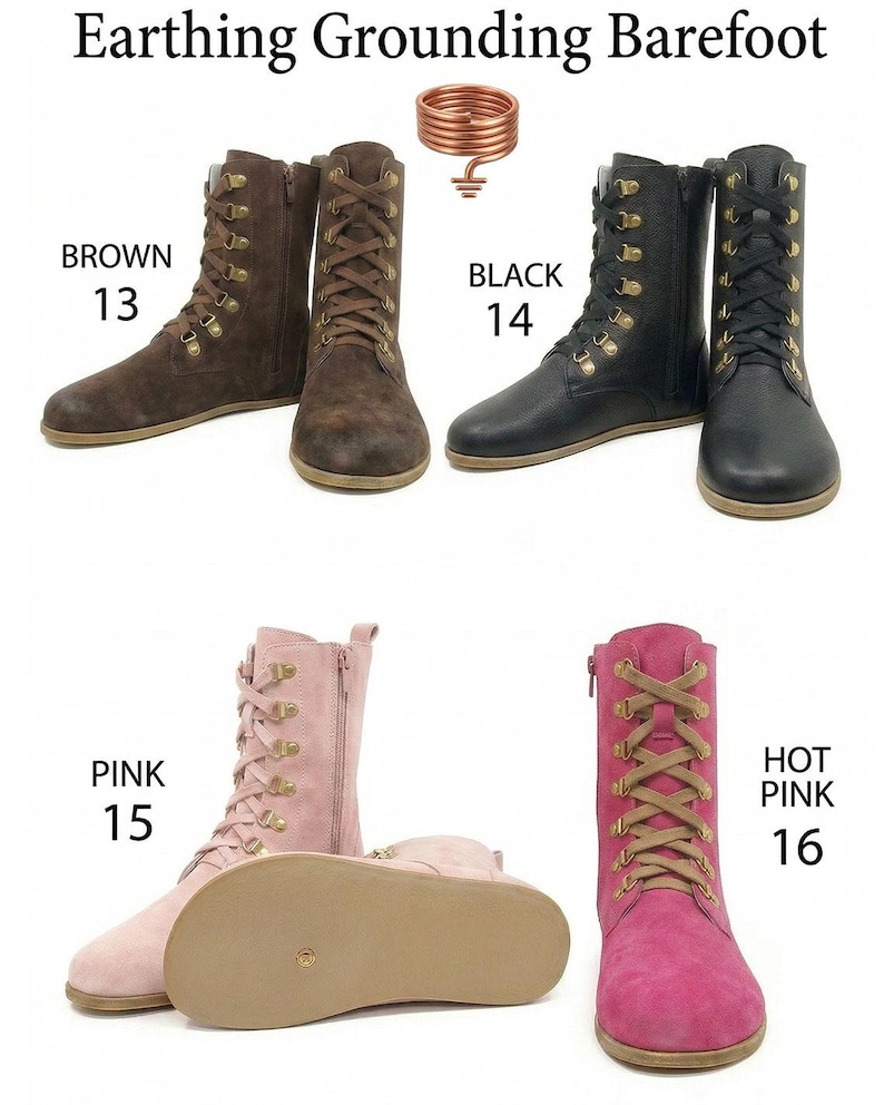 May include: Barefoot boots in brown, black, pink, and hot pink. The boots have laces, metal eyelets, and zippers. The image includes the text "Earthing Grounding Barefoot" and numbers 13, 14, 15, and 16.