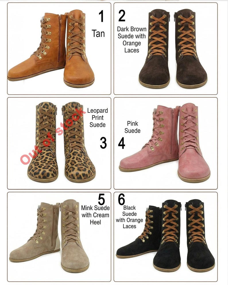 May include: Collection of six pairs of women's boots in various colors and patterns. Styles include tan, dark brown suede with orange laces, leopard print suede, pink suede, mink suede with cream heel, and black suede with orange laces.