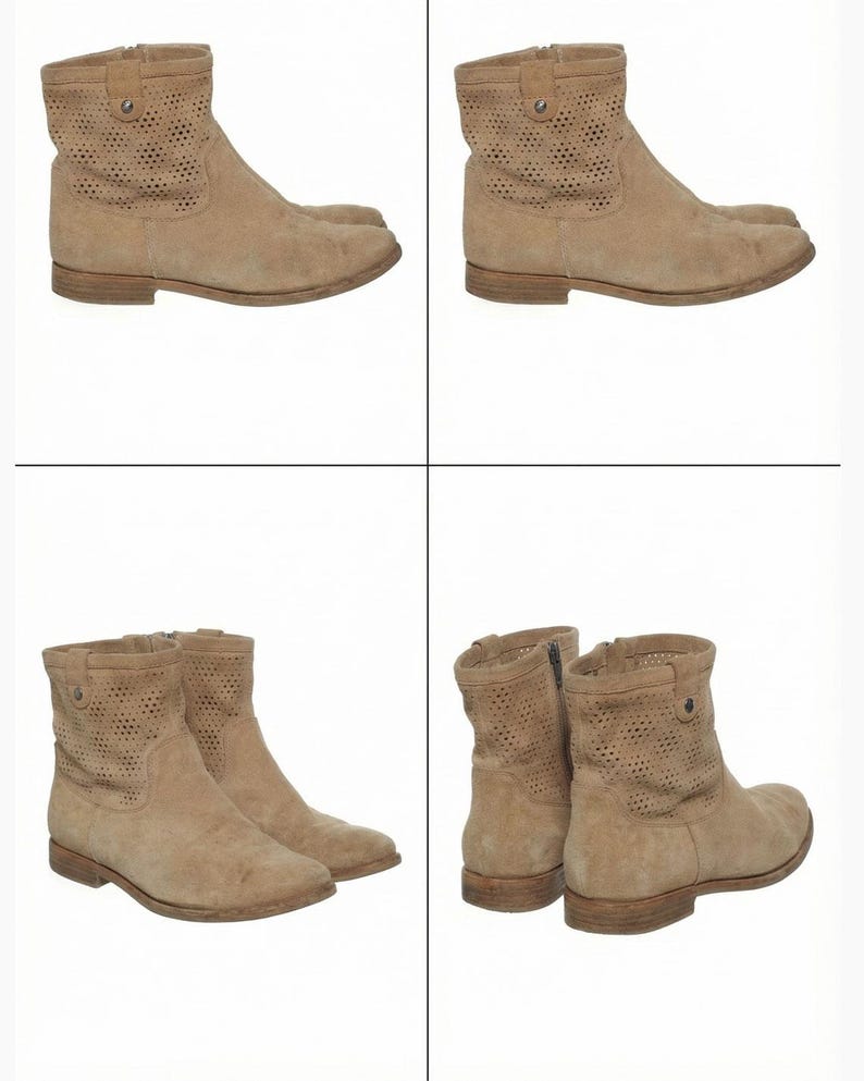 May include: Tan suede ankle boots with perforated detailing on the upper shaft. The boots have a low heel and a side zipper. The boots are displayed in multiple views against a white background.
