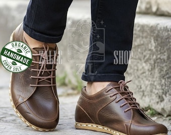 Men Barefoot Handmade Earthing Sneakers Brown organic leather shoes