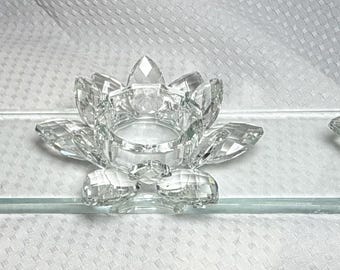 Vintage-Style Triple Crystal Lotus Flower Tealight Holder on Footed Base - Elegant Glass Centerpiece