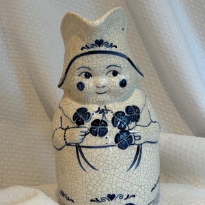 1991 Mrs Jenkins Pitcher, Blue White Crackle Glaze Stoneware Jug, Signed Pottery
