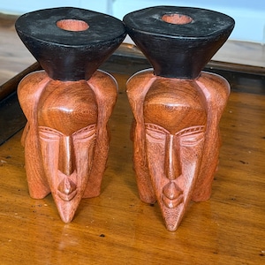 Vintage hand carved African Wood Candle Holders Multi-Faced Bust Sculptures