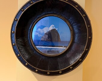 Vintage 20” Nautical Porthole Wall Art Frame Faux Leather Brass Rivets Patchwork Coastal Picture Frame Haystack Rock Decor 1990s