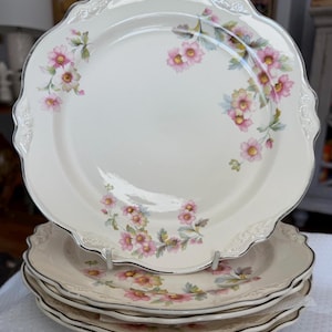 Puede incluir: Una pila de platos de cerámica blanquecina con borde festoneado y ribete plateado. Cada plato presenta un diseño floral con flores rosas y amarillas y hojas verdes. Los platos están apilados sobre una superficie blanca.